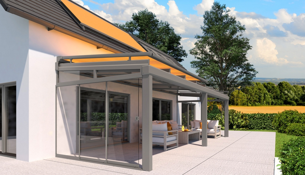 HS 06 a | graue Aufdachmarkise mit orangem Stoff, offen, auf Terrassendach & Dachfenstern | Svoboda