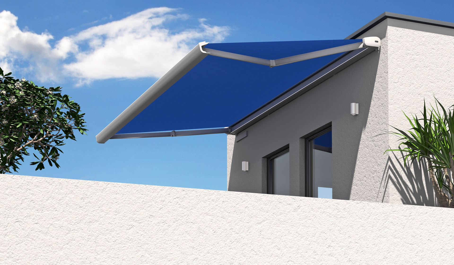 K 03 | Sonnenschutzmarkise weiß-blau offen auf Dachterrasse, Gelenkarm, elektrischer Motor | Svoboda