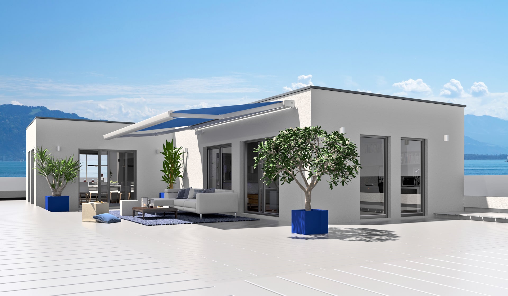 K 04 | elektrische blau-weiße Gelenkarmmarkise mit Alu-Kassette bei modernem Haus, offen | Svoboda