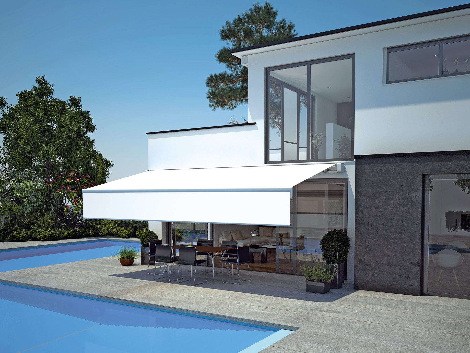 Q 03 | Terrassenbeschattung offen weiß, Volantmarkise mit Kasette, modernes Haus mit Pool | Svoboda