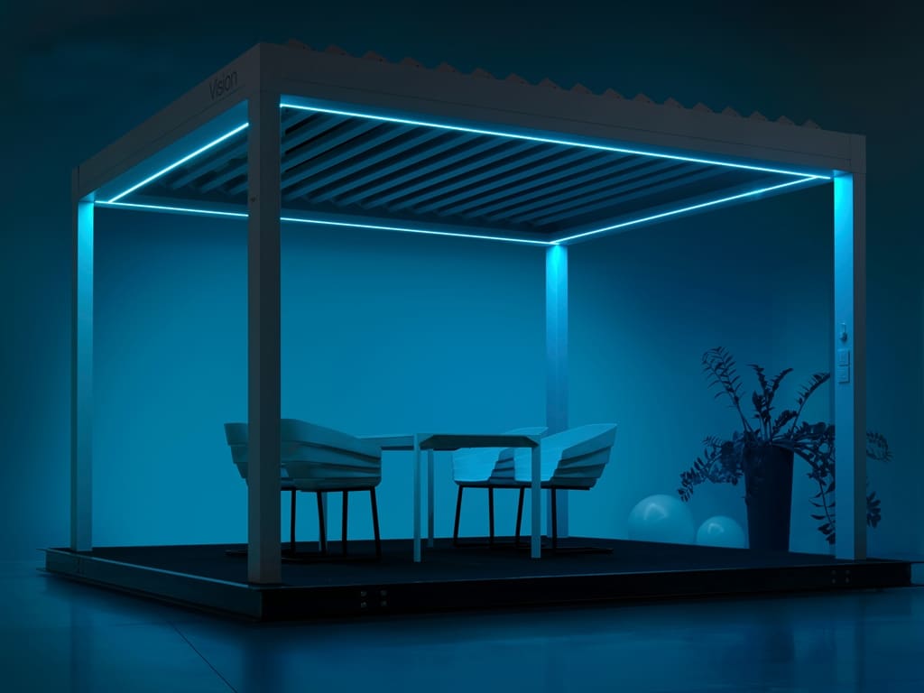 Vision LED 01 a | Pergola mit Lamellen, blaue Beleuchtung bei Nacht, Sitzgarnitur | Svoboda Metall
