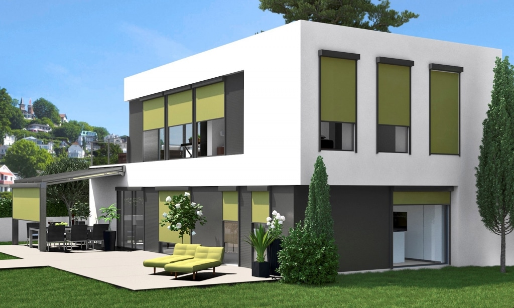 Z 05 a | Senkrechte grüne Sonnenschutz Markisen auf Fenstern bei modernem weiß-grauen Haus | Svoboda