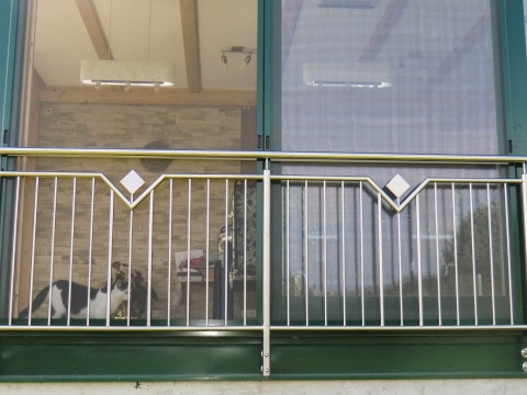 Mannheim 04 b | Französischer Balkon aus senkrechten Edelstahlstäben und Blech-Dekor | Svoboda