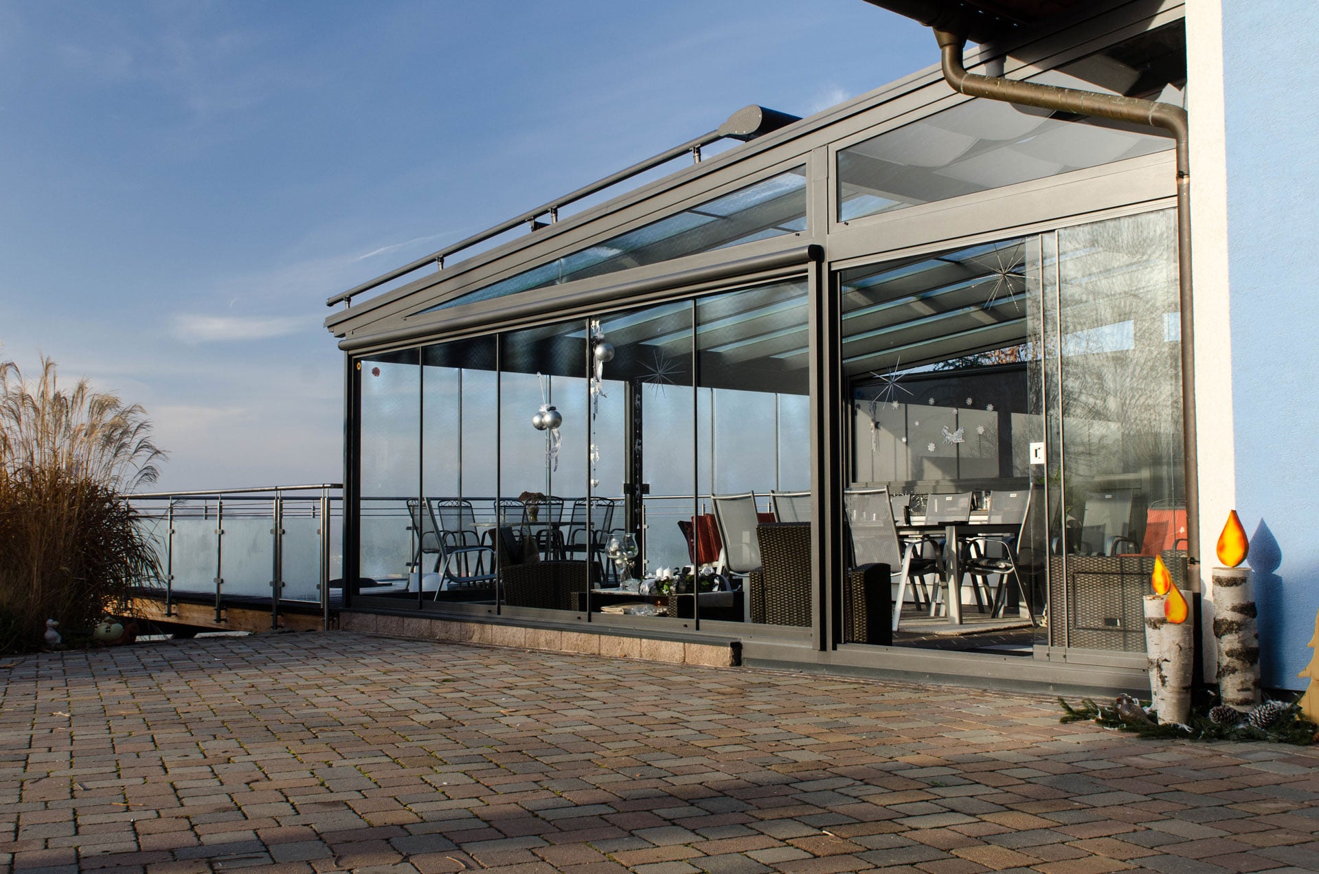 Sommergarten alu 25 a |Gasthaus Terrassendach grau, Verglasung Schutz vor Regen & Wind | Svoboda