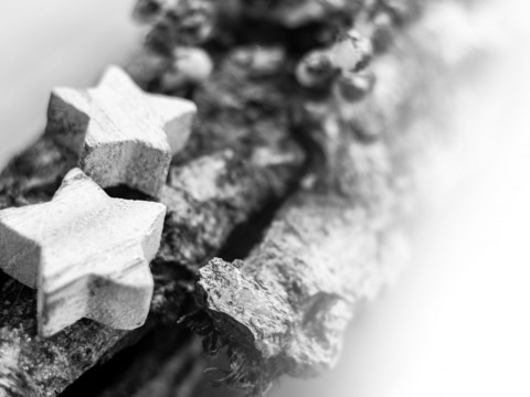 Schwarz-Weißes Weihnachtsbild von Holzstamm mit Holzsternen