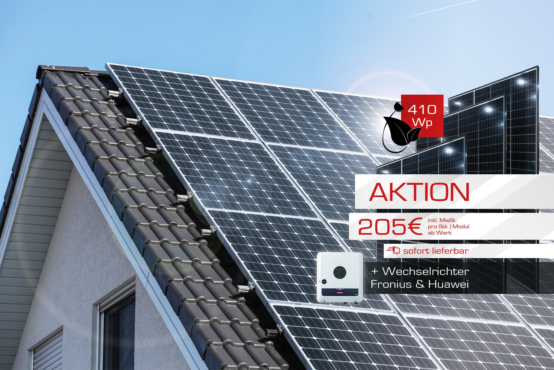 Photovoltaik-Anlage auf Hausdach und PV-Modul-Aktion, Wechselrichter Fronius | Svoboda