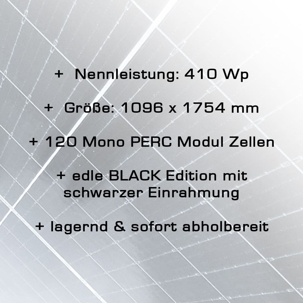 Detailinfos 410 Wp Monokristal Black Power PV-Modul, 1096 x 1754 mm , 120 Mono PERC Zellen | Svoboda