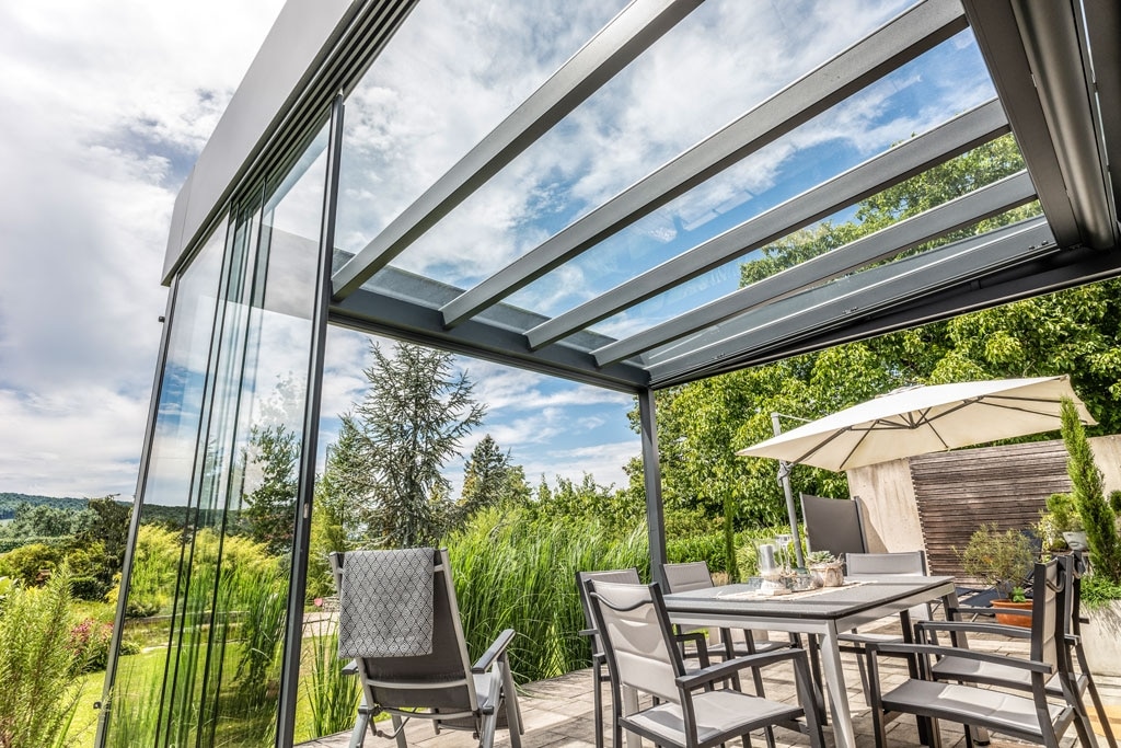 Terrassendach Alu 115 q | Cube Design, Unteransicht Dachsparren und Klarglaseindeckung | Svoboda